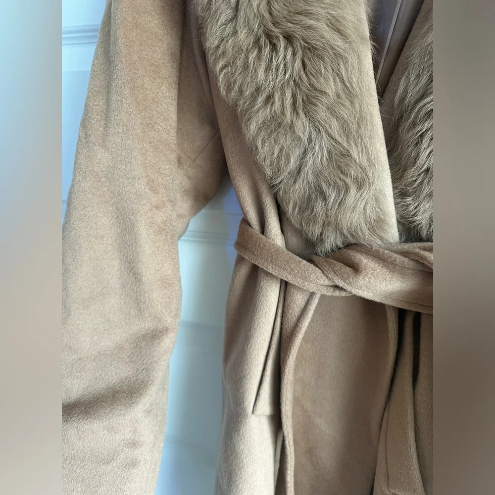 Sofia Cashmere Belted‎ Genuine Shearling Trim Coat NWT 14